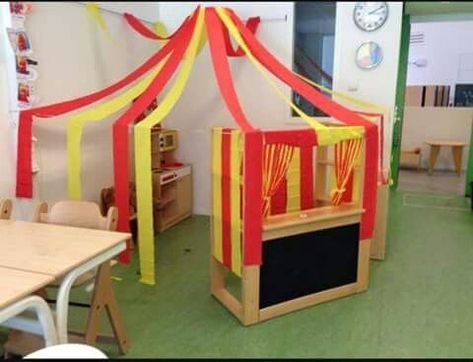 Circus tent in corner with streamers Carnival Preschool Theme, Circus Theme Preschool Activities, Circus Theme Crafts, Circus Crafts Preschool, Preschool Circus, Circus Activities, Thema Circus, Circus Crafts, Dramatic Play Preschool