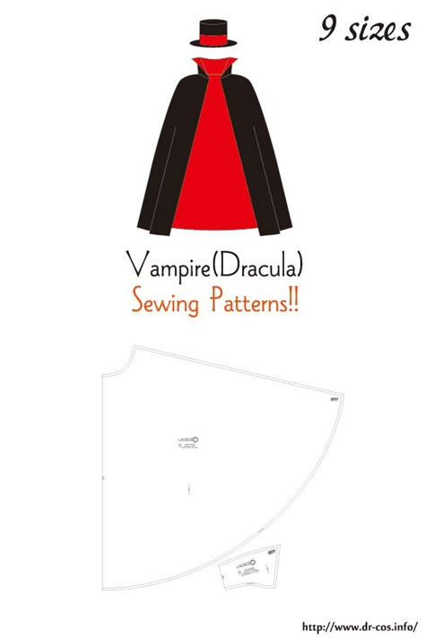 This is the pattern of a Vampire(Dracula). inch size(letter size) Children's-4,8,10/Ladies'-S,M,L,LL/Men's-L,LL cm size(A4 size) Children's-100,120,140/Ladies'-S,M,L,LL/Men's-L,LL Vampire Sewing Pattern, Vampire Collar Pattern, Diy Dracula Costume, Diy Cape With Collar, Halloween Costumes Sewing, Cape With Collar Pattern, Cape Collar Pattern, Vampire Cape Diy, Diy Vampire Costume Kids