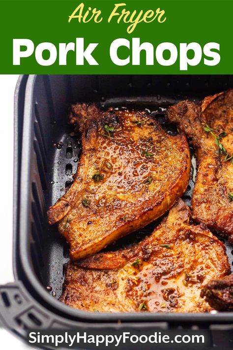 Air Fryer Pork Chops are a quick and easy way to cook up pork chops juicy and tender. This pork chop recipe has a tasty spice rub to five them lots of flavor while they are cooking. Air frying pork chops are a weeknight easy dinner recipe. simplyhappyfoodie.com Frying Pork Chops, Tender Baked Pork Chops, Air Fry Pork Chops, Fried Pork Chop Recipes, Air Fryer Pork, Pork Chop Recipe, Tender Pork Chops, Air Fryer Pork Chops, Easy Pork Chops