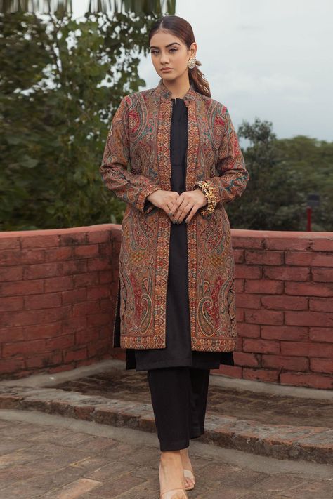 Shop for these amazing collections of Multi Color Acrylic Viscose Blend Woven Sherine Pashmina Kurta Set For Women by Safaa online at Aza Fashions. Pashmina Kurta, Kashmiri Suits, Black Pashmina, Suits For Women Indian, Collar Kurta, High Neck Collar, Winter Suits, Color Acrylic, Open Jacket