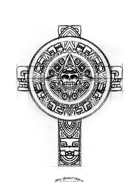 Aztec cross sketch by SteveGolliotVillers.deviantart.com on @DeviantArt                                                                                                                                                                                 More Aztec Elbow Tattoo, Cross Sketch, Tattoos Pulseras, Cross Tattoo Meaning, Aztec Warrior Tattoo, Aztec Artwork, Engraving Designs, Aztec Symbols, Mayan Tattoos