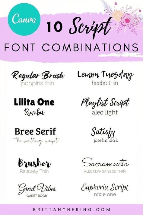 10 Beautiful Canva Font Pairings to Design Pinterest Pins - Brittany Herring 703 Font fonts #font #fonts Script Fonts #scriptfonts 4.590 Canva Font Pairing Graphic Design, Popular Canva Fonts, Brand Fonts Combinations Canva, Canva Brand Colors, Fonts Combinations Canva, Script Font Pairing, Font Pairings Canva, Complimentary Fonts, Canva Fonts Combinations