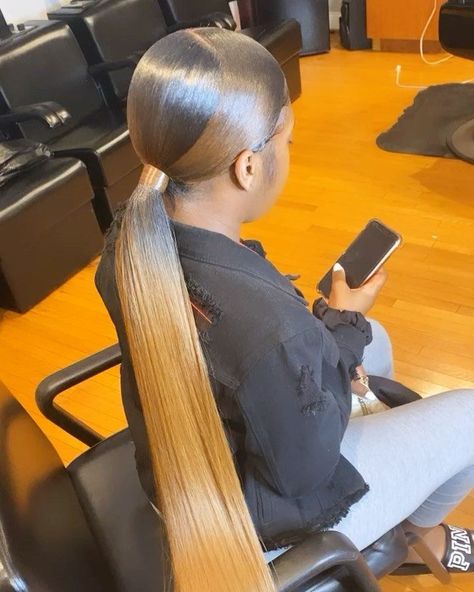 Ombre Ponytail Weave, Sleek Blonde Ponytail Black Women, Blonde Slick Back Ponytail, Blonde Ponytail Black Women, Ponytail With Bundles, Swoop Ponytail Weave, Swoop Ponytail, Ginger Blonde Hair, Slick Back Ponytail