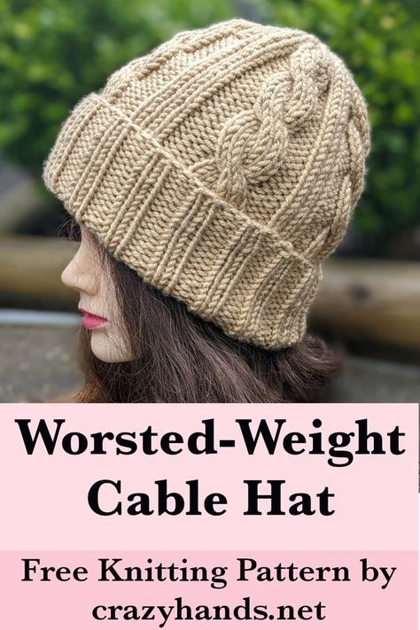 Free Worsted-Weight Yarn Knit Cable Hat Pattern || Crème Brûlée Cable Knit Beanie Pattern #cableknithat #cableknitbeanie #knitcablehat #knitcablebeanie #knitbeanie #knithat #knitcap #knitbeaniepattern #knithatpattern #knitcappattern Worsted Weight Yarn Patterns Knitting, Free Knit Beanie Patterns, Cable Hat Pattern Free, Knitted Hat Patterns Free Women, Worsted Weight Yarn Patterns, Knit Cable Hat, Cable Hat Pattern, Knitting Patterns Hats Women, Cable Knit Hat Pattern