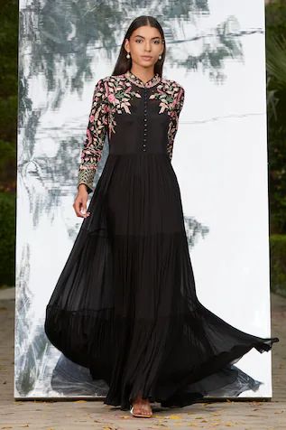 Embroidered Tiered Dress Mandira Wirk, Outfit For Brunch, Black Tiered Dress, Black Chiffon, Embroidered Neckline, Indian Fashion Designers, Black Gown, Band Collar, Black Maxi