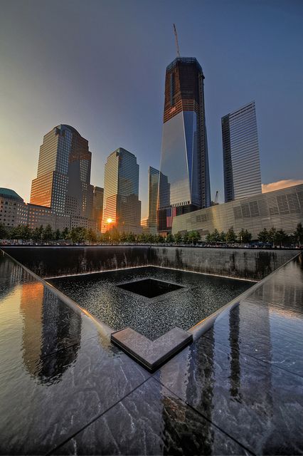 One World Trade Center building in-progress (circa 2012) and reflections in the South Memorial Pool at the National September 11 Memorial. #wtc #nyc #911memorial #september11th Nine Eleven Memorial, Ground Zero Nyc, Travel Honeymoon, Voyage New York, Twin Towers, Nyc Trip, City That Never Sleeps, Trade Center, Nova York