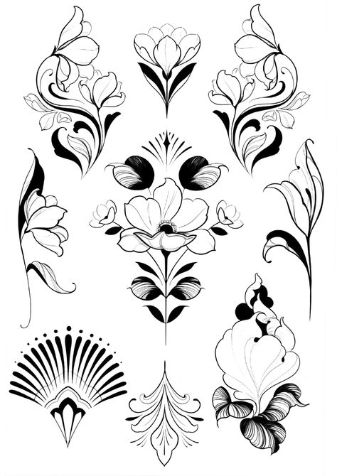 Ornamental Flower Tattoo, Art Nouveau Tattoo Design, Hand Palm Tattoos, Simple Unique Tattoos, Baroque Tattoo, Nouveau Tattoo, Flash Ideas, Tattoo Apprenticeship, Flower Tattoo Meanings