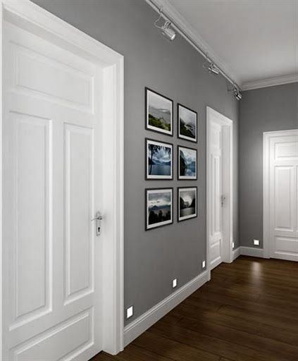 Grey Interior Paint, Interior Paint Schemes, Design Seed, Dark Wooden Floor, Hardwood Floors Dark, Dark Wood Floors, 아파트 인테리어, White Doors, Grey Flooring