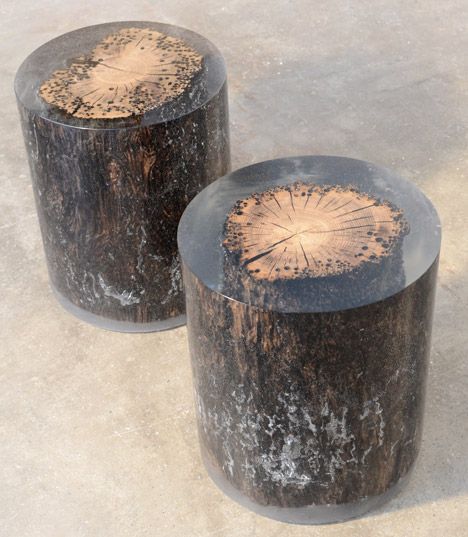 Natural material suspended in resin to create these beautiful furniture which also preserve their natural surfaces // By the Italian designer Alcarol. London Design Festival, Resin Furniture, Wooden Stools, Resin Table, Wood Resin, London Design, Beautiful Furniture, Wooden Furniture, Furniture Collection