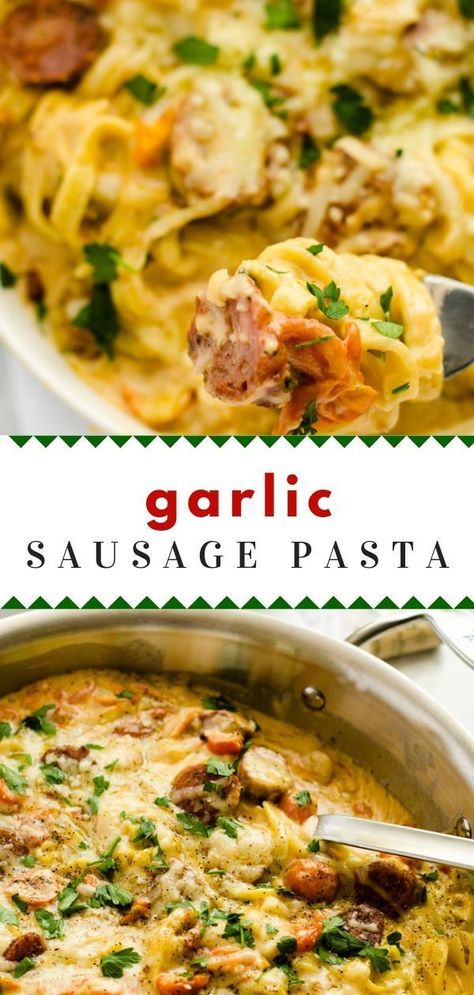 Quick Pasta Dishes, Sausage Pasta Recipes, One Pot Meal, Garlic Pasta, Delicious Pasta, Yummy Pasta Recipes, Free Meal Plans, Three Cheese, Free Thanksgiving