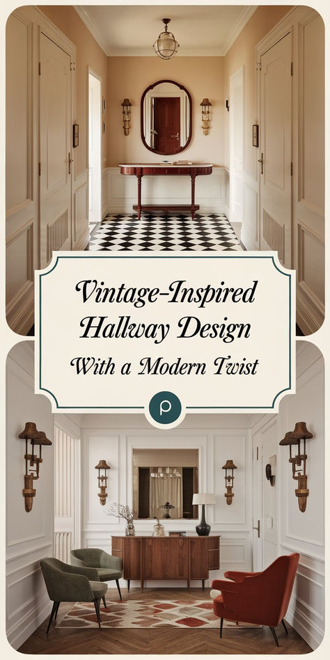 An elegant entryway showcasing modern vintage decor, with a balance of retro accents, chic lighting, and cozy textures. Large Hallway Ideas, Breezeway Decor, Ideas For Hallways, Hallway Colour Schemes, Hallway Decor Ideas, Vintage Decor Ideas, Home Paint Color, Hallway Colours, Vintage Hallway