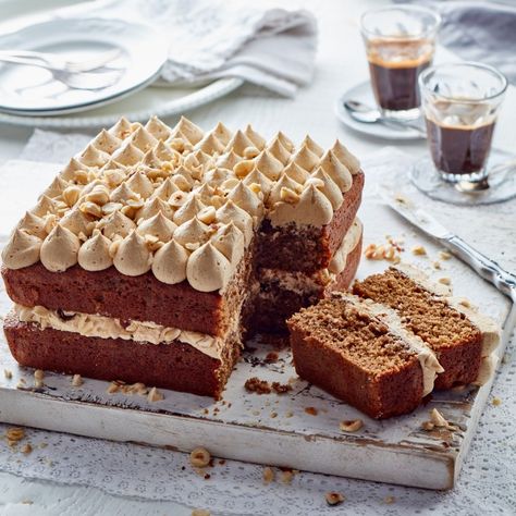 Coffee and Hazelnut Layer Cake Recipe | myfoodbook Coffee And Hazelnut Cake, Hazelnut Cake Recipe, Classic Coffee Cake, Mint Brownies, Baking Cookbooks, Hazelnut Cake, Layer Cake Recipes, Square Cake Pans, Rich Chocolate Cake