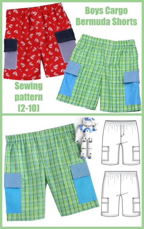 Boys Cargo Bermuda Shorts sewing pattern (2-10). Your little one will look smart in these trendy Cargo Bermuda shorts. The shorts come in two lengths, above and below the knee, and feature a faux fly, side cargo pockets and a comfortable elastic waist. These shorts are perfect unisex shorts being great for both boys and girls. The sewing pattern is multi-sized and comes in children's sizes 2 to 10. #SewModernKids Boy Shorts Pattern, Kids Pants Pattern, Dungarees Pattern, Shorts Pattern Free, Boys Clothes Patterns, Cargo Bermuda Shorts, Boys Sewing Patterns, Toddler Sewing Patterns, Shorts Sewing Pattern