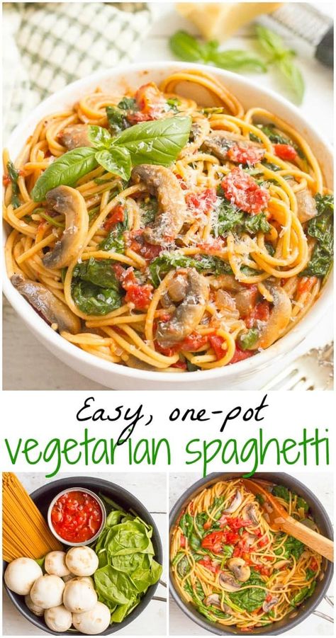 Spaghetti With Mushrooms, Sandwich Vegetarian, Healthy Stew, Mushrooms And Spinach, Vegetarian Stew, Vegetarian Spaghetti, Resep Pasta, One Pot Vegetarian, Diy Hack