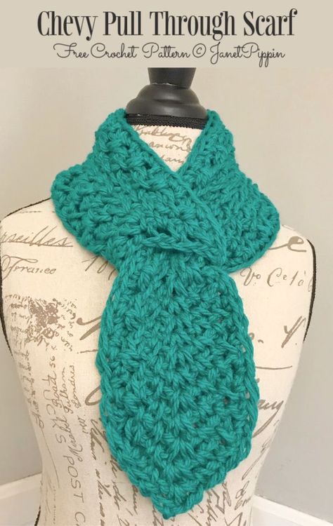 Chevy Pull Through Scarf Free Crochet Patterns Crochet Womens Scarf, Crochet Scarf For Beginners, Crochet Triangle Scarf, Crochet Neck Warmer, Delicate Crochet, Crochet Cowl Pattern, Crochet Scarf Pattern Free, Crochet Buttons, Crochet Collar