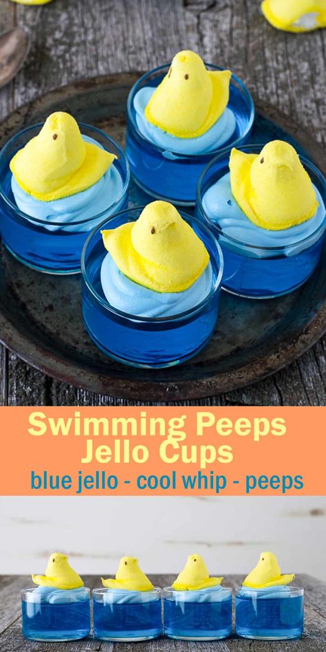 What to make with Peeps? Swimming Peeps Jello Cups! A cute and easy Easter recipe that uses jello, cool whip and peeps! #peeps #easter #peepsdessert Peeps Dessert, Easter Appetizers Easy, Easter Deserts, Quiche Vegan, Easy Easter Recipes, Jello Cups, Easter Party Food, Peeps Easter, Easter Dishes