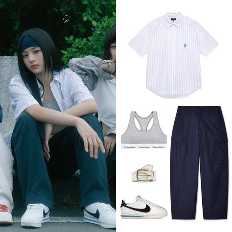 NewJeans Outfits (@newjeansoutfits) • Instagram photos and videos New Jeans How Sweet, Newjeans Shirt, Newjeans Outfits, Swag Clothes, Skater Boi, Stray Kids Outfits, 2024 Lookbook, Nike Style, White Shirt Outfits