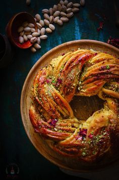 Saffron, Rose and Pistachio Bread – My Indian Holiday Wreath Bread - a cupcake for love Wreath Bread, Rose And Pistachio, Pistachio Bread, Bread Wreath, Bread Art, Persian Food, Holiday Wreath, Bundt Cake, Beautiful Food