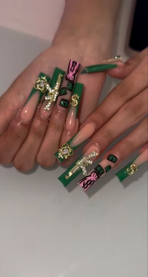 Xl Long Nail Designs, Long Grunge Nails, Xl Birthday Nails, Thug Nails, Money Set Acrylic Nails, Money Bag Nails Designs, Virgo Freestyle Nails, Gang Nails, Trap Nails