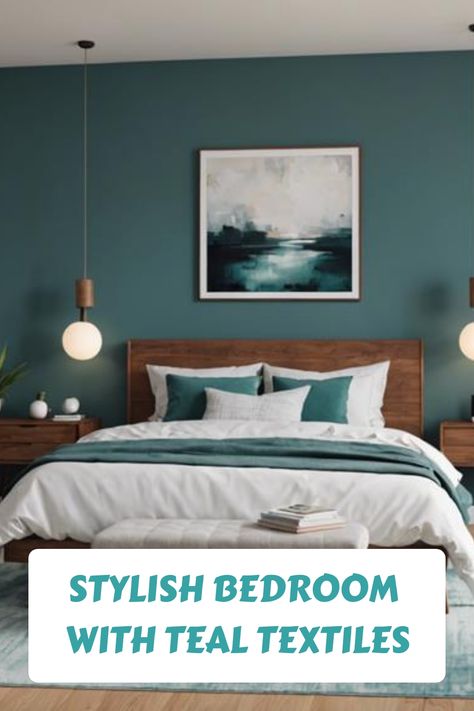 Stylish bedroom with teal textiles, featuring a wooden bed and nightstands, pendant lights, and abstract wall art. Tan And Teal Bedroom, Teal Brown Bedroom, Teal Walls Light Bedroom Furniture, Muted Teal Bedroom, Teal And Beige Bedroom, Boho Master Bed Teal, Turquoise Bedroom Ideas For Adults, Agean Teal Bedroom, Dark Teal Bedroom Ideas