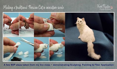 Miniature Animals How To Make, Miniature Cat Diy, Tovad Ull, Polymer Clay Cat, Miniature Cat, Mini Cat, Cat Sculpture, Polymer Clay Animals, Felting Tutorials