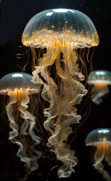 Golden jellyfish in the depths of the sea. stock photo Deep Sea Jellyfish Photography, Pretty Fish Photography, Jellyfish Real Photo, Sea Animal Reference Photos, Sea Creatures Reference, Funny Ocean Animals, Jellyfish Photography Underwater, Weird Ocean Creatures, Drawing Reference Photos Nature