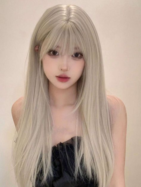 White Hair Wigs For Women, Blonde Hair Front View, Long White Hair Aesthetic, White Hair Bangs, Anime Bangs, Korean Hairstyle Long, Bleached Blonde Hair, Wigs Design, Blonde Hair Wigs