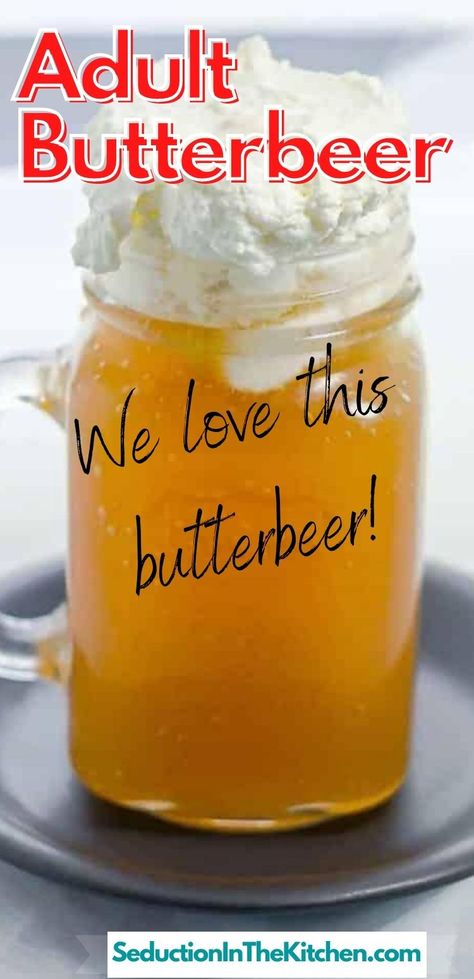 Are you looking for a butterbeer recipe? This adult ButterBeer is a butterbeer recipe that has alcohol. This cocktail is a butterscotch schnapps drink version of the Harry Potter-inspired drink. This Harry Potter drink is sweet and yummy, perfect for an adult Halloween Party or Harry Potter themed food. | SeductionInTheKitchen.com #butterbeer #harrypotter #halloweencocktail Butterbeer Alcoholic, Harry Potter Alcoholic Drinks, Adult Butterbeer, Harry Potter Drinks Alcohol, Butterbeer Recipe Alcoholic, Butterbeer Harry Potter, Flaming Cocktails, Harry Potter Themed Food, Alcoholic Butterbeer