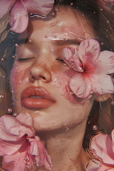 Pictures Flowers Photography, Random Art Reference Photos, Flowers On Face Drawing, Soft Beauty Aesthetic, Women With Flowers Aesthetic, Models To Draw Faces, Softness Aesthetic, Flower Makeup Aesthetic, Pink Flower Makeup