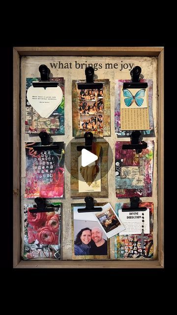 Shawn Petite on Instagram: "Thought I would share how I made this joy board. Super easy and inexpensive.
Watch for seasonal clearance signs at Michaels. This was 70% off. ‘
Tape off the edges. 
Paint with a coat of gesso.
Come back with a palette knife and texture paste or heavy gesso for a little texture.
Once dry. Do a was of raw umber.
Print on tissue paper a saying.
Put tissue down with fluid matte medium.
Find some clips that you like.
Glue those down with E6000 and a tiny bit of hot glue to keep the clips in place while the E6000 dries.
Then fill with your favorite things.
Have a great day!
.
.
.
#shawnpetite #mixedmedia #inspirationboard #craftylife" Print On Tissue Paper, Shawn Petite, Printing On Tissue Paper, Matte Medium, Texture Paste, Palette Knife, Hot Glue, Have A Great Day, Tissue Paper