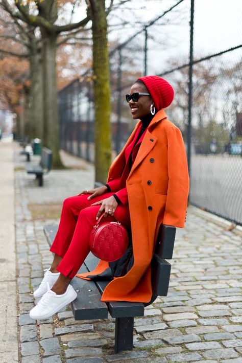 Orange Coat, Color Blocking Outfits, Orange Outfit, Event Outfit, Red Pants, Black Women Fashion, Sporty Chic, Colourful Outfits, Protective Styles