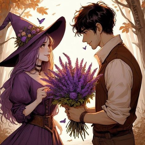 Witch Couple Art, Lavender Witchcraft, Witch Couple, Lavender Witch, Witch Romance, Witch Wallpaper, Magical Art, Witch Art, Witch Aesthetic