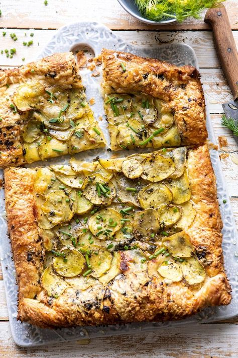 Cheesy Potato Chive Galette | halfbakedharvest.com #potato #cheese #easyrecipes #appetizer #Easter #spring Potato Galette, Spring Appetizers, Half Baked Harvest Recipes, Potato Cheese, Healthy Potatoes, Brunch Items, Dinner Snacks, Galette Recipe, Cheesy Potato