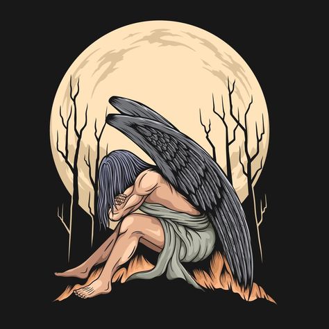 Moon Angel, Angel Vector, Angel Illustration, Vector Character, The Angel, Dark Background, Dark Backgrounds, Premium Vector, Graphic Resources