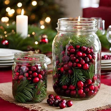 17 Budget-Friendly Christmas Centerpiece Ideas - My Besuited Home Mason Jar Christmas Centerpieces Diy, Diy Holiday Centerpieces For Tables, Simple Christmas Centrepiece Ideas, Advent Table Decor, Christmas Votives Ideas, Christmas Diy Vase Ideas, Christmas Small Centerpieces, Easy Holiday Centerpieces, Cute Christmas Centerpieces