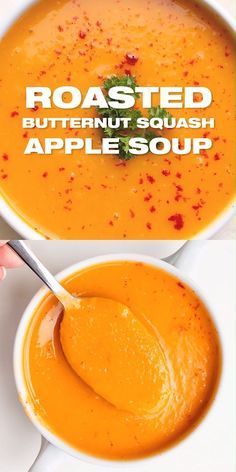 Roasted Butternut Squash Soup with Apple Recipe - Easy fall soup recipe with complex flavors. Healthy and delicious. www.MasalaHerb.com #butternutsquash #soup #masalaherb Squash Soup With Apple, Squash And Apple Soup, Squash Apple Soup, Butternut Squash Apple Soup, Butternut Squash Apple, Apple Soup, Apple Recipe, Apple Recipes Easy, Fall Soup