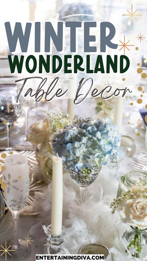 This blue and white winter tablescape is beautiful! I love the blue hydrangeas and white roses winter centerpieces. They are all gorgeous table decorating ideas that would work well for a winter wedding. Christmas Table Decorations Ideas, Christmas Dining Table Decorations, Winter Wonderland Centerpieces, Winter Table Setting, Dining Table Decorations, Winter Table Decor, Table Decorations Ideas, Winter Tablescapes, Mason Jar Candle Holders