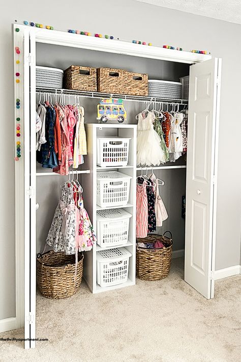 Check out our girls closet makeover for a shared bedroom #girlscloset #closetmakeover #sharedcloset Kids Shared Closet, Diy Kids Closet, Kids Closet Makeover, Kids Closet Storage, Girls Closet Organization, Toddler Closet, Kids Bedroom Organization, Shared Girls Room, Sister Room