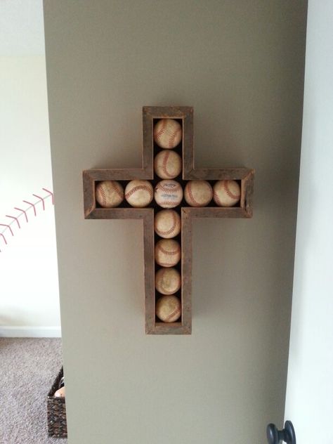 Barnwood Baseball Cross for Jay's bigboy baseball room. Mitered front edge of barnwood to hide fresh cut. See the painted baseball wall behind too! Modern Baseball Theme Nursery, Baseball Accent Wall, Teenage Baseball Room, Vintage Baseball Themed Bedroom, Baseball House Decor, Baseball Game Room, Boys Room Baseball Theme, Modern Baseball Bedroom, Rustic Baseball Room