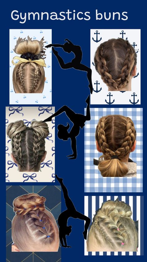 It’s not my best work but I hope you guys get inspiration from this collage of gymnastics hair suggestions Easy Gymnastics Competition Hairstyles, Best Gymnastics Hairstyles, How To Do A Gymnastics Bun, Gymnasts Hairstyles, Gymnastic Competition Hairstyles, Hair Styles For Gymnastics Meets, Easy Gymnastics Hairstyles For Meets, Hairstyles For Gymnastics Practice, Gymnastics Hairstyles For Kids