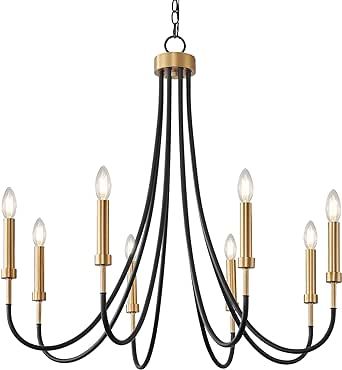 FookChak black and gold chandelier, a captivating fusion of classic and retro elements. Crafted with a sleek black frame and exquisite gold candle-style sockets, FookChak 8-light candle chandelier exudes an enchanting allure. Its elegant design adds a touch of sophistication to your dining room, kitchen island, or entryway, effortlessly illuminating your space with a warm and inviting glow. Black And Brass Chandelier Entryway, Light Fixture Over Table, Black And Brass Chandelier, Black And Gold Chandelier, Gold Chandeliers, Light Dining Room, Entryway Chandelier, Dining Room Light Fixture, Bedroom Chandelier