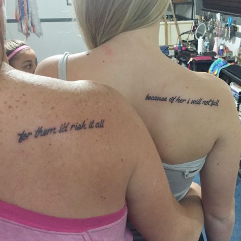 for them i'd risk it all because of her i will not fall #motherdaughtertattoo Mother Daughter Quote Tattoos Short, For Them Id Risk It All Tattoo, Aunt And Niece Tattoos, Aunt And Nice Tattoos, Aunt Tattoo, Niece Tattoo, Scripture Tattoos, Niece Quotes, Mom Daughter Tattoos