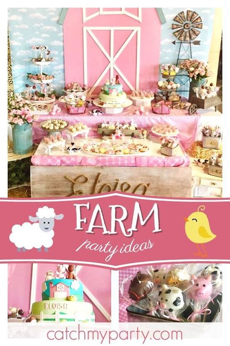 Check out this adorable farm themed birthday party! Love the farm animal cake pops!! See more party ideas and share yours at CatchMyParty.com  #catchmyparty #partyideas #farmbirthdayparty #girlbirthdayparty Farm Party Ideas, Pink Farm Party, Girls Farm Birthday, Chicken Party, Cow Birthday Parties, 2nd Birthday Party For Girl, Barnyard Birthday Party, Animal Birthday Cakes, Farm Theme Birthday