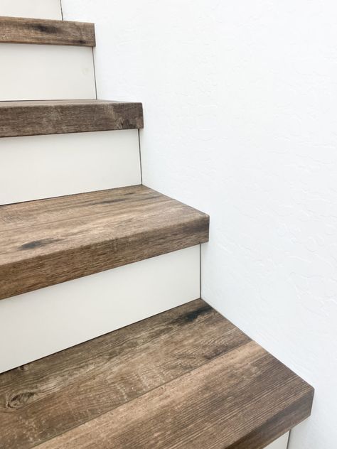 How to Install Luxury Vinyl Plank Flooring on Stairs – A Simply Curated Home Hardwood Floors On Stairs, Hardwood Ceramic Tile Floor, Vinyl Plank Stairs With White Risers, Lvp Flooring On Stairs Diy, Updating Basement Stairs, Vynil Flooring On Stairs, Stairway Diy Makeover, Vinyl Plank Stairs Staircases, Vinyl Floor Stairs