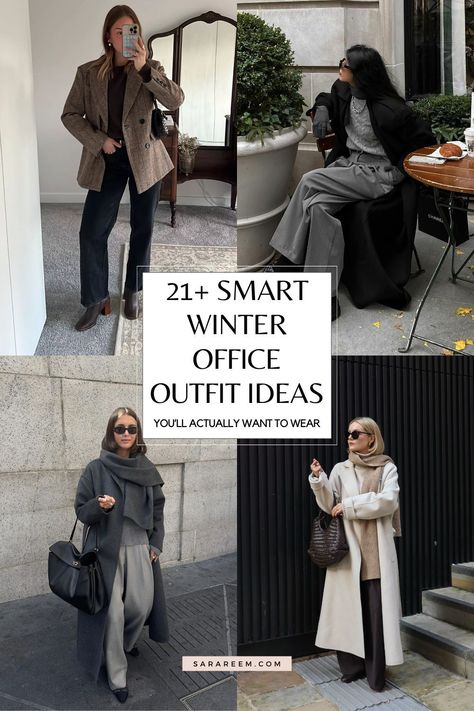 Looking for stylish winter office outfit ideas for 2024? Whether you're dressing corporate, business casual, or smart and chic, we've got you covered with cozy and polished looks to keep you warm all season long. From tailored coats to layered turtlenecks and timeless trousers, these 2024 winter outfit ideas are perfect for creating a professional yet fashionable wardrobe. Get inspired and elevate your cold-weather office style with these must-try outfit combinations! Women’s Business Casual Outfits Winter, Women Winter Outfits For Work, Sweater Outfits Office, Smart Casual Business Women, Snowy Winter Outfits For Work, Office Outfit Winter 2024, Winter Casual Outfits 2024, Trending Winter Outfits 2024 Women, Smart Casual Women 2024