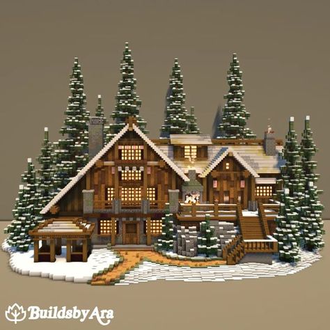 Dark Spruce House Minecraft, Mincraft Idea House Winter, Minecraft Xmas House, Big Minecraft Building Ideas, Minecraft Winter Cabin Tutorial, Minecraft Snow Base Ideas, Winter Log Cabin Minecraft, Spruce House Ideas Minecraft, Santas Grotto Minecraft