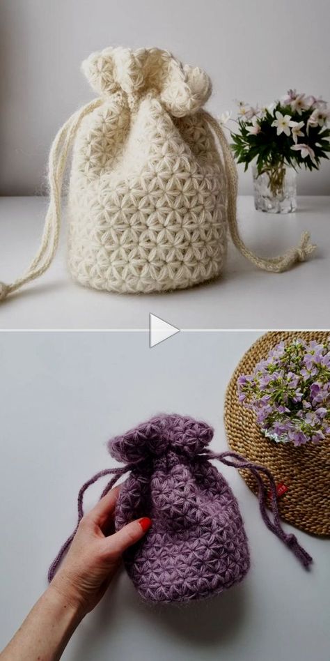 ▷▷ Bucket bags are almost as popular nowadays as bucket hats...t I think they are more versatile! Author of this piece included three different sizes in her instructions... that you can choose which one to make. Big one can become your everyday bag...d small ones will be great for keeping tools or treasures inside. crochet projects, crochet cl... Crochet Small Bag, Small Crochet Gifts, Crochet Drawstring Bag, Crochet Mini Bag, Crochet Drawstring, Crochet Baby Beanie, Crochet Bag Pattern Free, Bag Pattern Free, Crochet Pouch