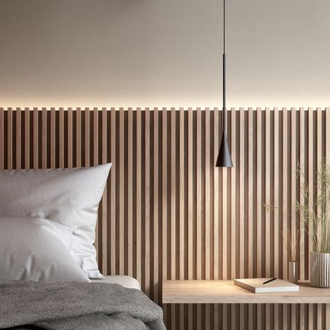 Bedroom Pendant, Slat Wall, Master Bedding, Main Bedroom, Night Stand, Design Living, Wooden Wall, 인테리어 디자인, Bedroom Wall