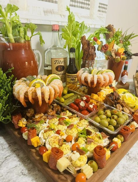 Charcuterie Boards, Grazing Trays, Snack Platters, Meat, Cheese, and Beyond | Created a Bloody Mary board for the first time | Facebook Party Trays Ideas Food Platters, Snack Platters, Make Ahead Brunch Recipes, Meat And Cheese Tray, Charcuterie Board Meats, Mini Dessert Cups, Charcuterie Spread, Boozy Brunch, Snack Platter