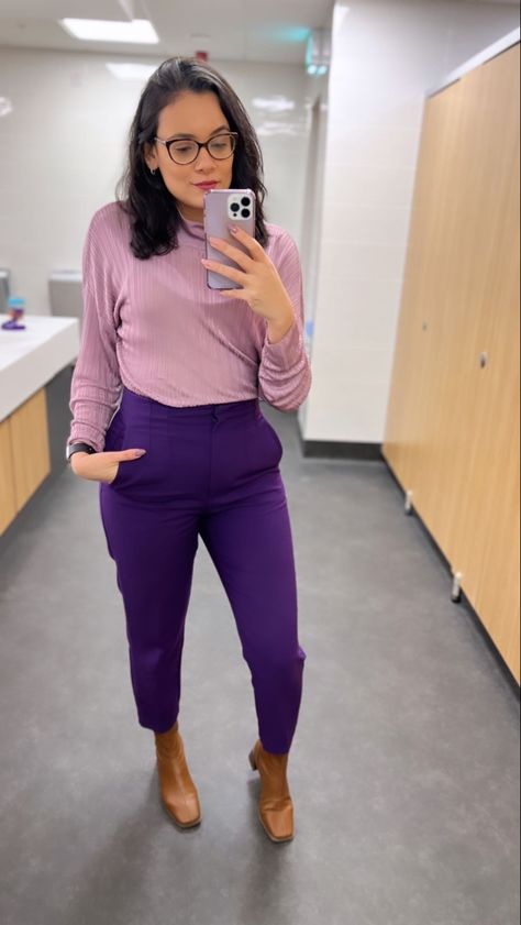 Purple Dress Pants Outfits, Purple Pants Outfit Work, Purple Pants Outfit, Big Girl Job, Pants Outfit Work, Dress Pants Outfits, Cream Pants, Purple Pants, Purple Jacket